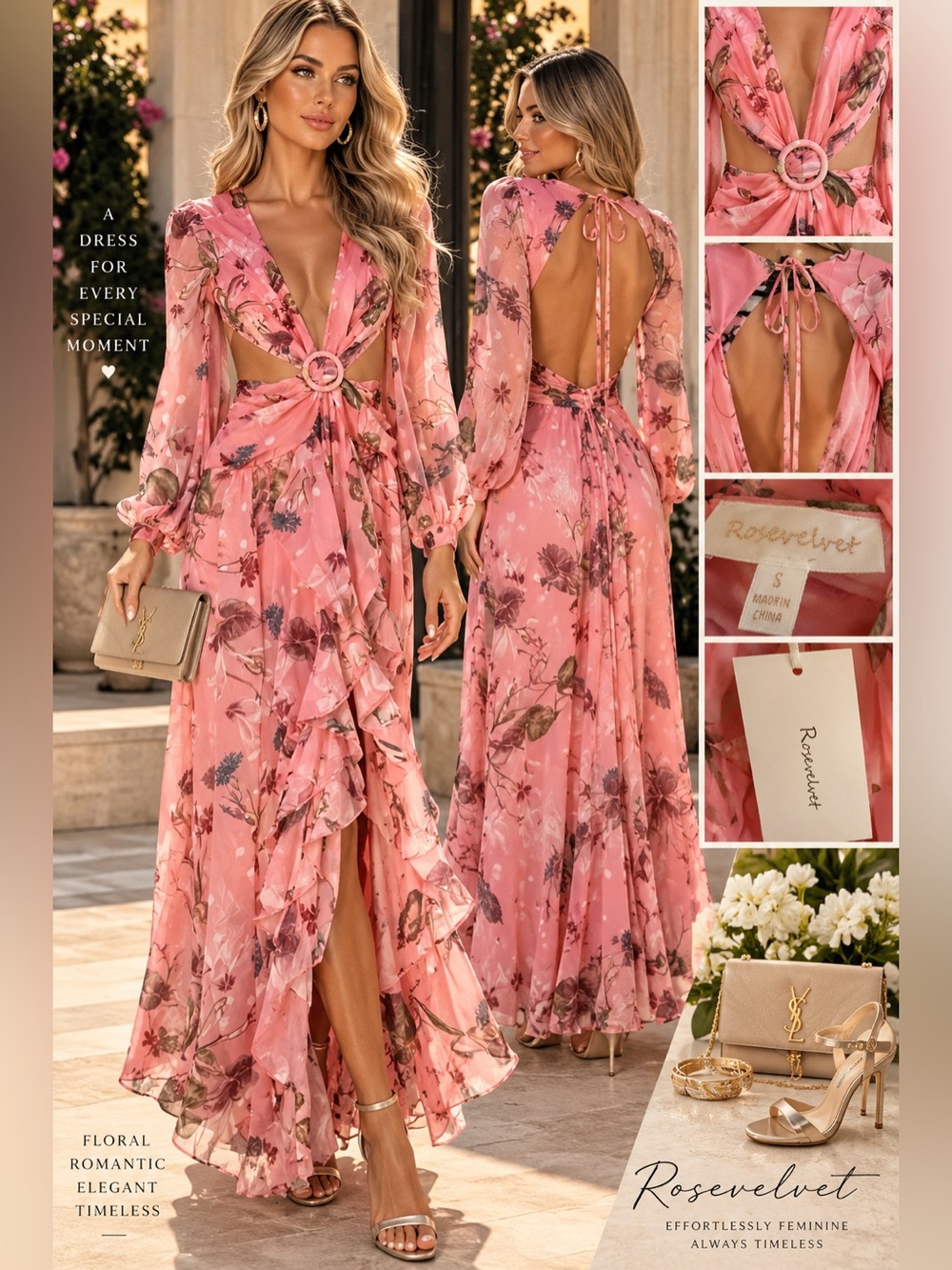 NWT Rosevelvet Pink Floral Cutout Ruffle Maxi Dress Size S Romantic Resort